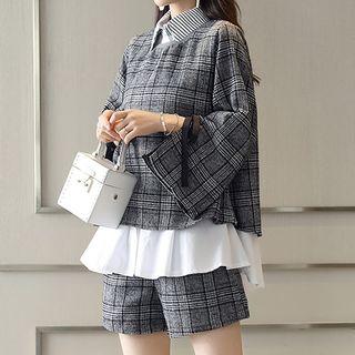 Set: Sleeveless Plain Top + Plaid Top + Plaid Shorts