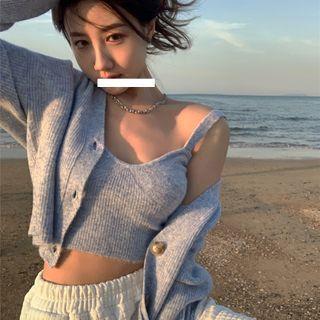 Check Joggers / Set: Plain Cardigan + Knit Camisole Top