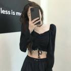 Long-sleeve Lace-up Cropped Top Black - One Size