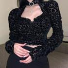 Long-sleeve Mock-neck Heart Pattern Cutout Crop Top