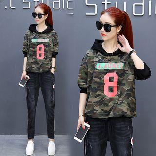 Lettering Hooded Camouflage Pullover