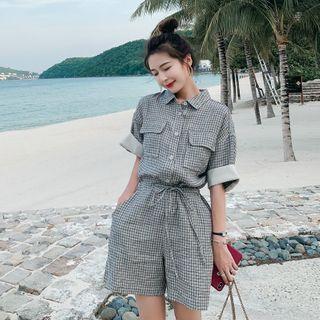 Short-sleeve Plaid Cargo Romper