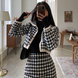 Set: Houndstooth Sailor-collar Jacket + Miniskirt