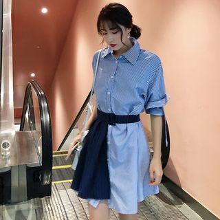 Set: Pinstriped Elbow-sleeve Shirt + Pinstriped Skirt