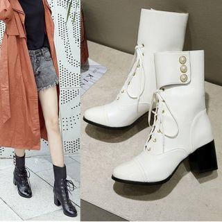 Chunky Heel Lace Up Mid Calf Boots