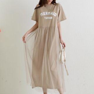 Letter Mesh-overlay Long T-shirt Dress