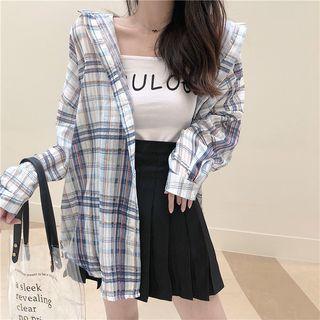 Plaid Shirt / Lettering Camisole Top / Pleated Skirt