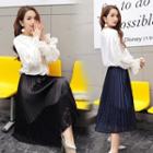 Set: Lace-panel Blouse + Pleated Skirt