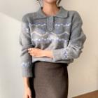 Collared Patterned Wool Blend Knit Top Gray - One Size