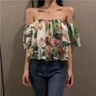 Short-sleeve Off Shoulder Printed Chiffon Top As Shown In Figure - One Size