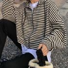 Striped Drawstring Crop Hoodie Jacket As Shown In Figure - One Size