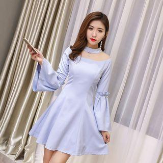 Mesh Panel Flared-cuff A-line Dress