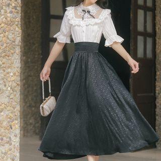 Elbow-sleeve Lace Trim Blouse / Midi Skirt / Set