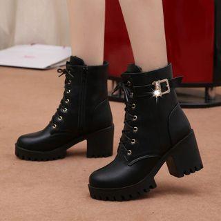 Chunky Heel Lace-up Belted Faux-leather Short Boots