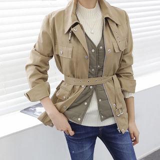 Funnel-neck Military Jacket With Belt