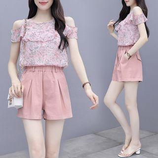 Set: Short-sleeve Cold Shoulder Floral Print Blouse + Wide Leg Shorts