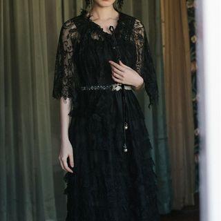 Set: Lace Elbow-sleeve Cropped Jacket + Lace Trim Midi Spaghetti Strap Dress