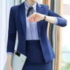 Mini Pencil Skirt/ Contrast Trim Bow Accent Long-sleeve Shirt/ Dress Pants/ Contrast Trim Vest/ Slim Fit Blazer