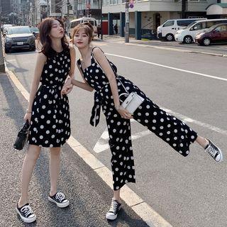 Dotted Sleeveless A-line Dress / Tie Waist Jumpsuit