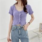 Short-sleeve Frilled Plain Cropped Knit Top