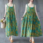 Sleeveless Floral Print Loose-fit Dress Green - One Size