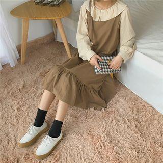 Set: Ruffle Trim Blouse + Frill Hem Pinafore Midi Dress