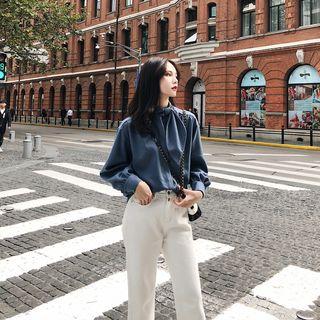 Knotted Collared Lantern-sleeve Shirt Blue - One Size