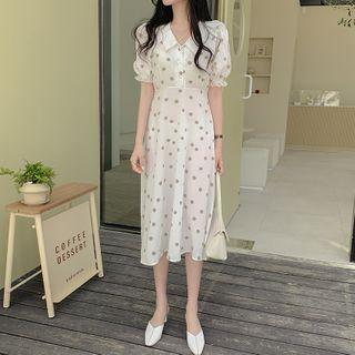 Collared Short-sleeve Floral Midi A-line Dress