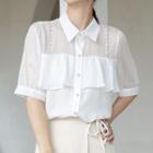 Elbow-sleeve Faux Pearl Trim Blouse