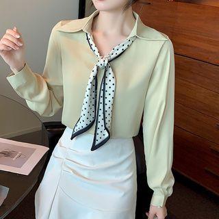 Long-sleeve Dotted Bow Accent Plain Satin Shirt