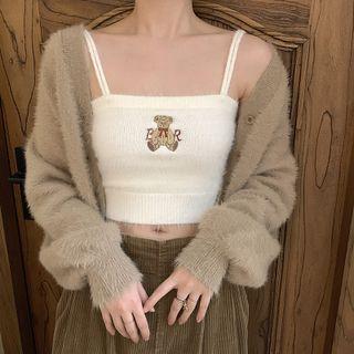 Bear Embroidered Cropped Knit Camisole Top