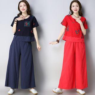 Set: Embroidered Short Sleeve T-shirt + Wide Leg Pants