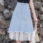 Mesh Paneled A-line Midi Denim Skirt