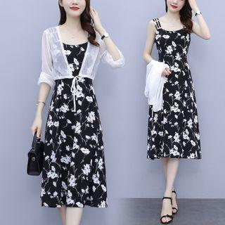 Set: Light Jacket + Spaghetti Strap Flower Print Midi A-line Dress