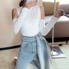 Long-sleeve Rhinestone Cutaway-shoulder Top