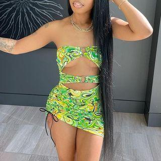 Strapless Printed Cut-out Mini Bodycon Dress