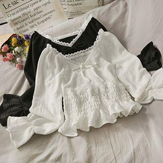 Embossed Lace-neckline Smocked Crop Top