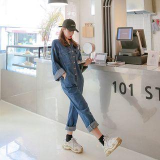 Long-sleeve Belted Denim Shirt Jumpsuit