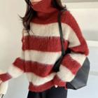Color Block Striped High-neck Knit Sweater