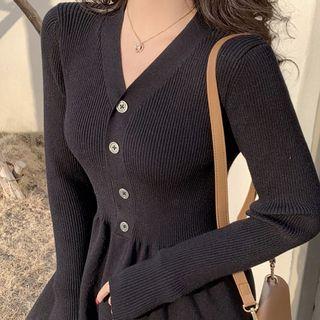 V-neck Ribbed Midi A-line Knit Dress Black - One Size