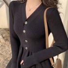 V-neck Ribbed Midi A-line Knit Dress Black - One Size