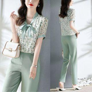 Set: Short Sleeve Tie-neck Floral Blouse + Plain Straight Leg Dress Pants