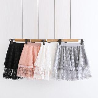 Band-waist Lace Panel Layered Mini A-line Skirt
