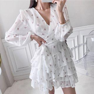 Printed Long-sleeve Layered Dress