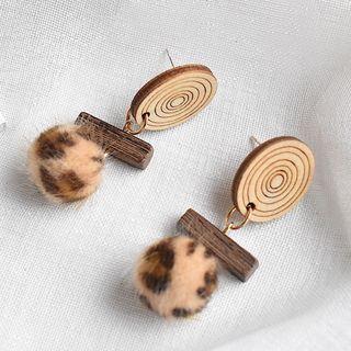 Leopard Print Pom Pom Wooden Drop Earring 1 Pair - Brown - One Size