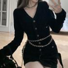 Long-sleeve Sheath Knit Dress Dress With Belt - Black - One Size