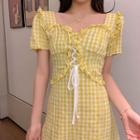 Short-sleeve Ruffled Trim Lace Up Plaid Dress