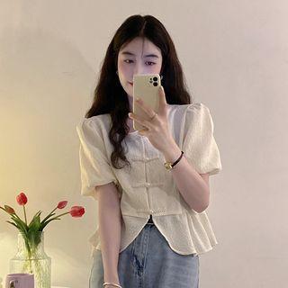 Puff-sleeve Frog Buttoned Blouse Almond - One Size