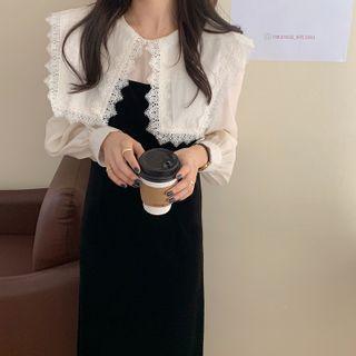 Lace Trim Collared Plain Blouse Black - One Size