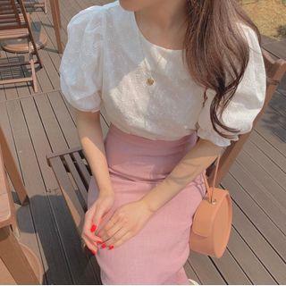 Short-sleeve Embroidered Blouse / Midi Pencil Skirt